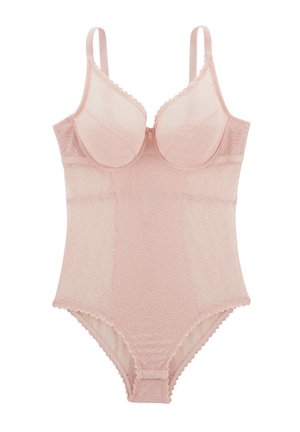 Bodysuit rose clair avec superposition transparente et texturée comportant des motifs floraux, des bretelles ajustables, des bords en scallop et une silhouette ajustée.