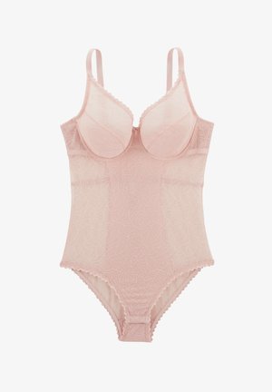 Bodysuit rose clair avec superposition transparente et texturée comportant des motifs floraux, des bretelles ajustables, des bords en scallop et une silhouette ajustée.