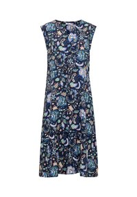 Robe bleu marine sans manches avec motifs floraux et feuilles pastel, encolure ronde et détail de jupe à volants.