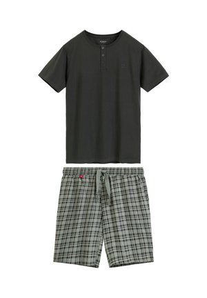 Czarna koszulka Henley z krótkim rękawem i trzema guzikami, zestawiona ze szortami w szaro-czarną kratę ze sznurkiem.