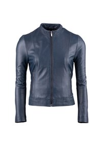 Navy leather jacket with a high collar, textured yoke, zip front, and two side pockets. Smooth finish and fitted design.