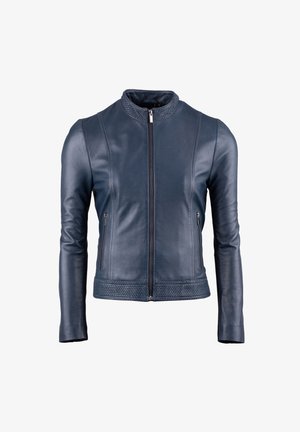 Navy leather jacket with a high collar, textured yoke, zip front, and two side pockets. Smooth finish and fitted design.