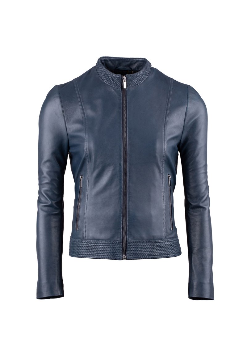 Navy leather jacket with a high collar, textured yoke, zip front, and two side pockets. Smooth finish and fitted design.
