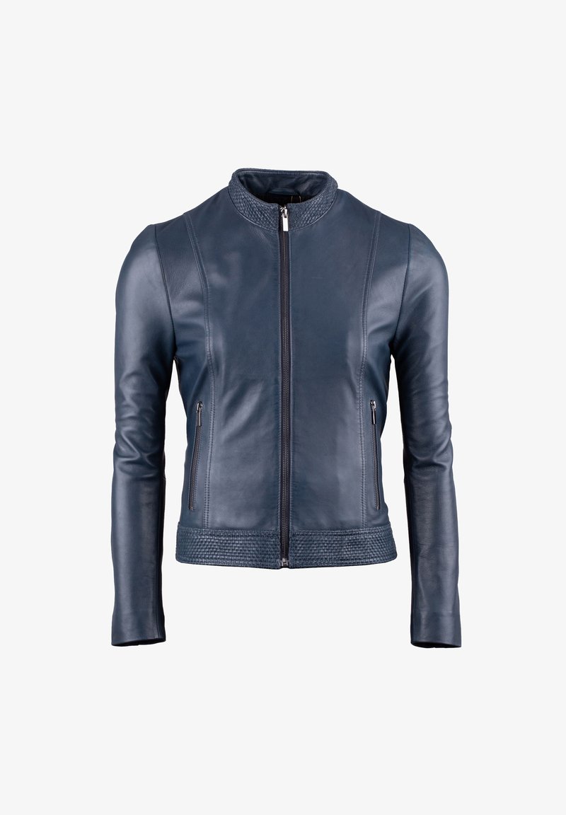 Navy leather jacket with a high collar, textured yoke, zip front, and two side pockets. Smooth finish and fitted design.