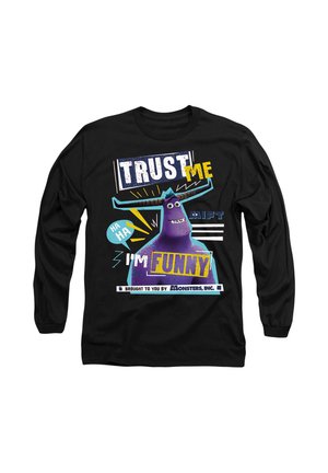 Schwarzes Langarm-T-Shirt mit lila Figur mit Hörnern, dem Text "Vertrau mir, ich bin lustig" und grafischen Elementen in Gelb und Blau.