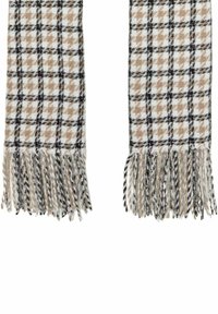 Sciarpa tessuta con motivo a quadri nei toni del beige, nero e bianco. Include bordi frangiati per maggiore texture e dettaglio.