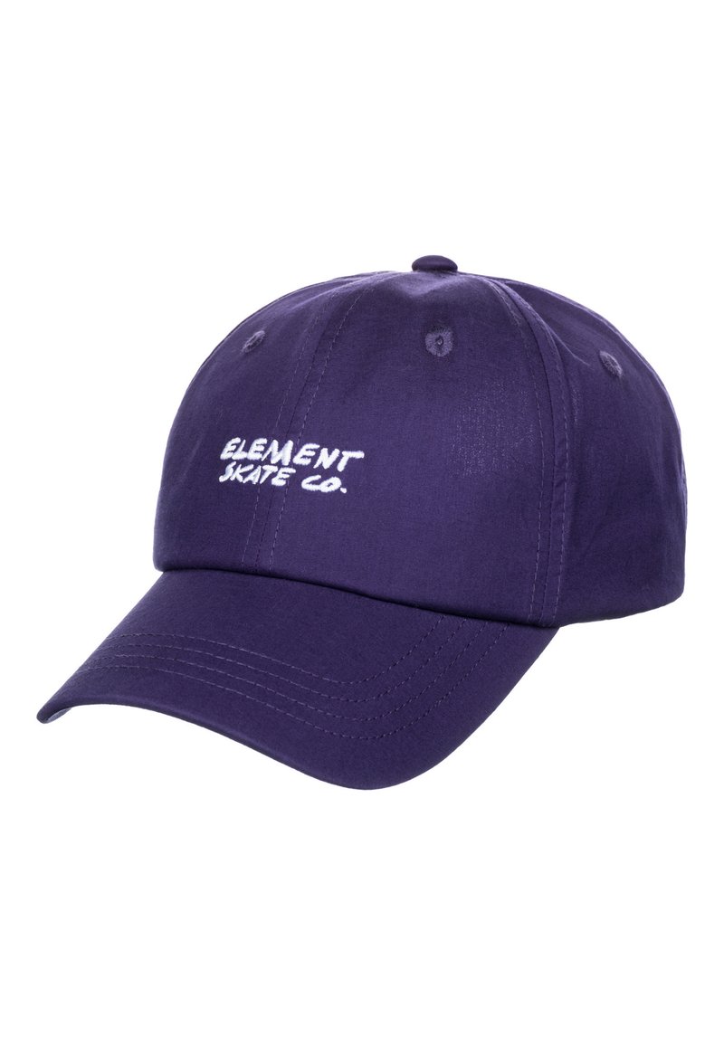 Paarse katoenen pet met verstelbare band. Bevat een witte geborduurde 'ELEMENT SKATE CO.' logo aan de voorkant. Gebogen klep en gestikte details.