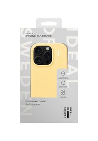 Yellow silicone phone case for iPhone 13/14/15/16, featuring a textured finish, protective design, and eco-friendly materials on a gray background.