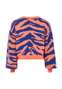 Maglione corto a maniche corte arancione e blu, con un motivo a strisce di tigre. Realizzato in tessuto morbido e testurizzato con polsini a costine.