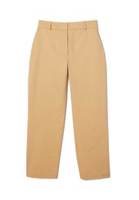 Khaki chinos vyrobené z bavlny, s rovnými nohavicemi, plochým předním dílem a poutky na opasek. Hladký povrch bez vzorů nebo akcentů.