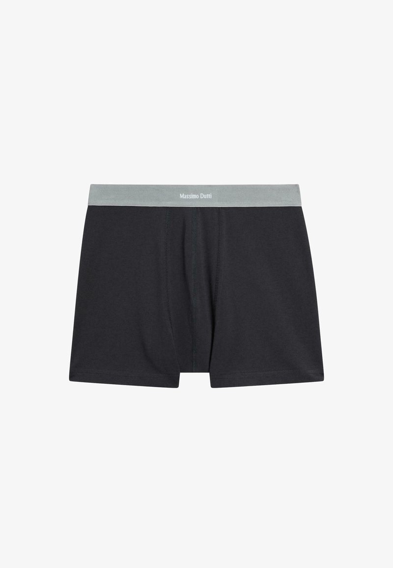 Černé boxerky z měkké látky, s elastickým světle šedým páskem s logem "Massimo Dutti" a kontrastními zelenými stehy.