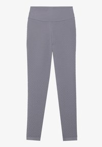 Leggings gri deschis cu un model texturat în formă de fagure, dotate cu un talie lată și ajustată și picioare conice, fabricate dintr-un material elastic.