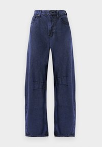 Wide-leg dark blue denim jeans with a faded finish, five-pocket design, and subtle stitching details on the legs.