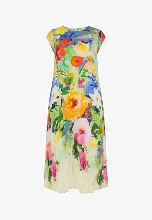 Mouwloze midi-jurk met een meerkleurige bloemenprint met grote gele, oranje, roze en blauwe bloemen op geplooide stof.