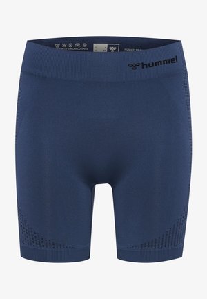 Marina blå atletiska shorts gjorda av stretchigt, slätt tyg med ett mönstrat meshinsert på sidorna och en elastisk midja med en logotyp.