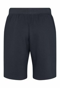 Shorts en coton bleu marine avec une taille élastique, design jusqu'au genou et texture lisse. Ne présente aucun motif visible ni élément en métal.