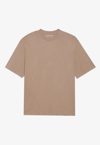 Short-sleeve t-shirt in soft, light brown fabric. Features a crew neckline and a relaxed fit with no patterns or embellishments.