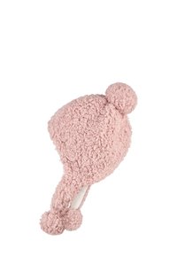 Pink fleece hat with a fluffy texture, featuring two pom-poms on top and ear flaps extending down the sides. Soft, cozy material.