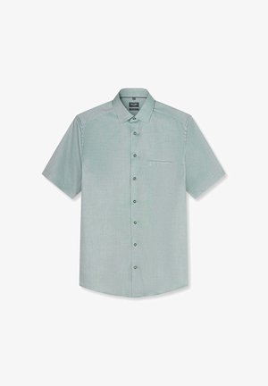 Chemise à manches courtes vert clair avec col et poche poitrine, présentée sur un fond blanc.