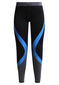 Czarne legginsy sportowe z niebieskimi i szarymi akcentami, charakteryzujące się dopasowanym krojem, gładką teksturą oraz wysokim stanem dla lepszego wsparcia.