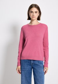Giovane donna con capelli corti castani che indossa orecchini a cerchio argento, un maglione rosa a maniche lunghe e jeans blu su uno sfondo chiaro e uniforme.