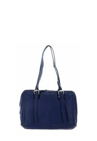 Sac à main en cuir bleu marine avec deux poignées, fermeture éclair, forme rectangulaire, texture lisse et accents en métal argenté.