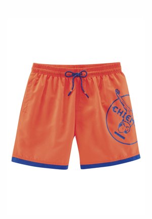 Orangene Badehose mit einem elastischen Bund und blauem Kordelzug. Verfügt über blaue Akzente am Saum und einen grafischen Druck an der Seite.