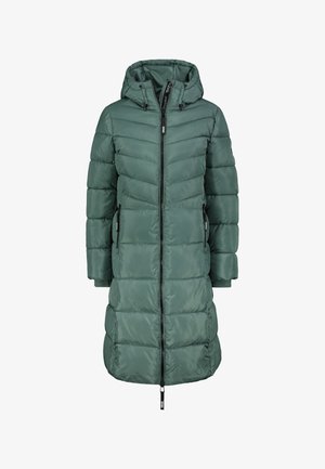 Langer grüner Steppwintermantel mit Kapuze, durchgehendem Reißverschluss und seitlichen Reißverschlusstaschen, entworfen für kaltes Wetter.