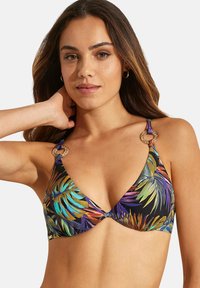 Multicolor triangle bikini top met tropische bladerenpatronen, verstelbare schouderbandjes en unieke ronde houten accenten op de schouders.
