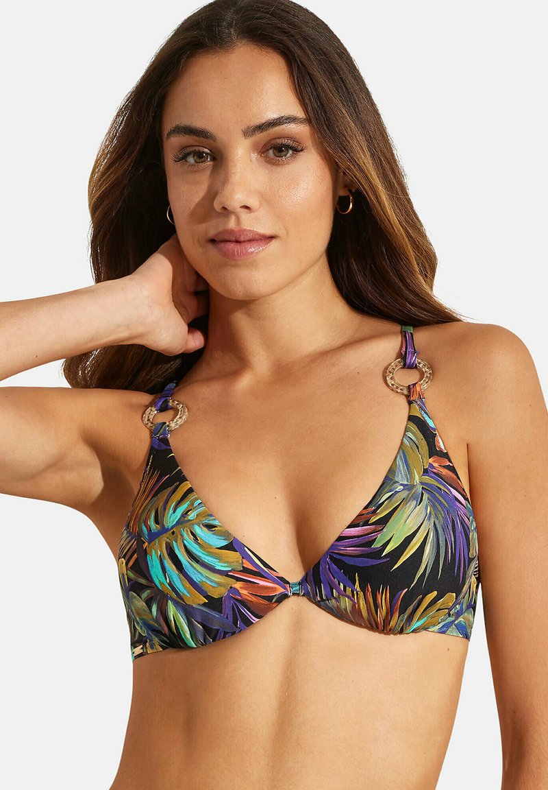 Multicolor triangle bikini top met tropische bladerenpatronen, verstelbare schouderbandjes en unieke ronde houten accenten op de schouders.