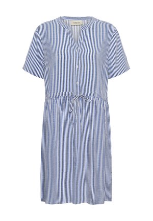 Korte blauw-wit verticale gestreepte jurk met korte mouwen, knoopsluiting aan de voorkant en verstelbare tailleband.