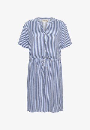 Short blue and white vertical striped short-sleeve dress with button front and adjustable waist tie.