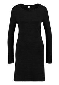 Abito lungo nero a maniche lunghe in un morbido tessuto testurizzato con scollatura rotonda, caratterizzato da una vestibilità rilassata e un orlo a ginocchio.