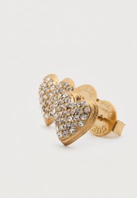 Σκουλαρίκια σε σχήμα καρδιάς από χρυσό, διακοσμημένα με καθαρά στρογγυλά κρύσταλλα, με λείο φινίρισμα και ασφαλισμένα με απλό κούμπωμα πίσω.