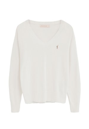 Witte V-hals trui met lange mouwen, geribde kraag en manchetten, met een klein polospelerlogo op de linkerborst.