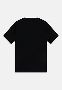 T-shirt nera in cotone con maniche corte, scollatura a girocollo e una texture liscia; senza decorazioni o motivi visibili.