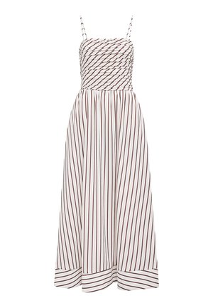 Λευκό μίντι φόρεμα χωρίς μανίκια με λεπτές κατακόρυφες μπορντό ρίγες, σούρες στο μπούστο, λεπτές τιράντες και φαρδύ ριγωτό τελείωμα.