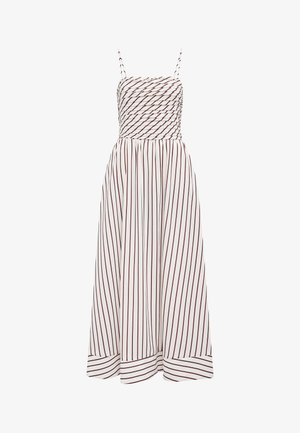 Λευκό μίντι φόρεμα χωρίς μανίκια με λεπτές κατακόρυφες μπορντό ρίγες, σούρες στο μπούστο, λεπτές τιράντες και φαρδύ ριγωτό τελείωμα.