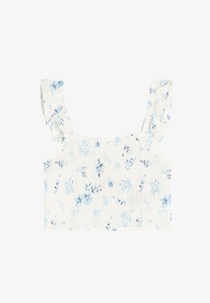 Floral crop top with light blue and dark blue flower patterns on a white background, featuring ruffled straps and a square neckline.