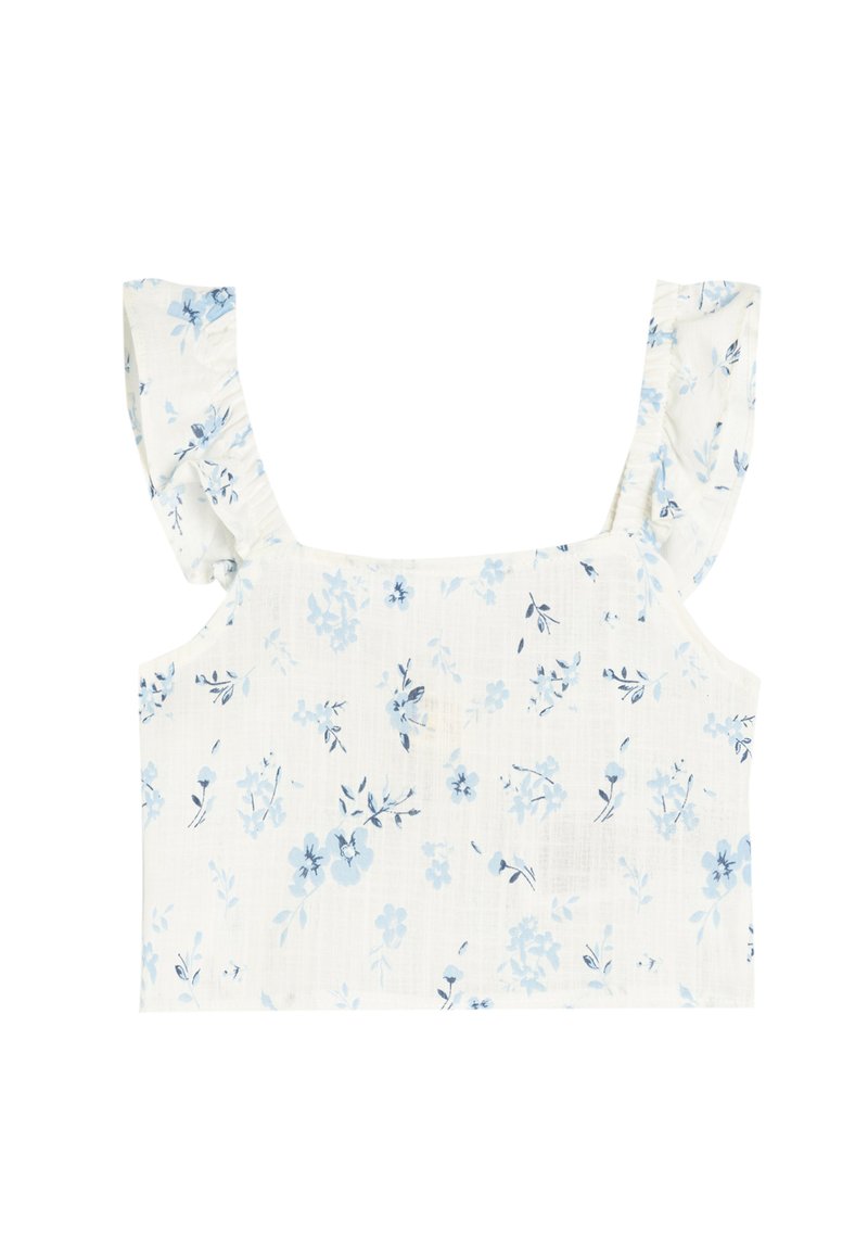 Blomster crop top med lyseblå og mørkeblå blomstermønstre på en hvid baggrund, med rynkede stropper og firkantet udskæring.