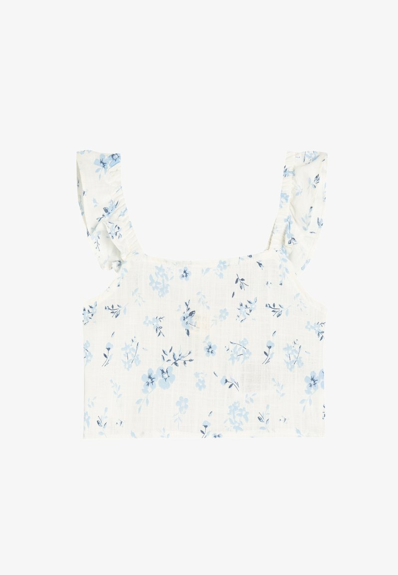 Blomster crop top med lyseblå og mørkeblå blomstermønstre på en hvid baggrund, med rynkede stropper og firkantet udskæring.