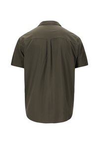 Kurzarmhemd in dunkelolivgrün, aus glattem Stoff mit Button-Down-Kragen und einer mittleren Falte auf der Rückseite.