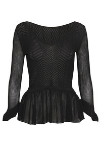 Czarna bluzka z długim rękawem i falbanką, z wzorem w zygzak oraz dekoltem w kształcie litery V. Wykonana z teksturowanej tkaniny o przezroczystym wyglądzie.