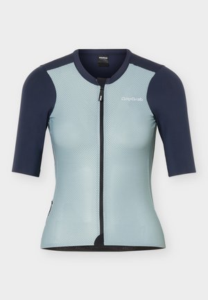 Svetlomodrý krátky cyklistický dres s textúrou, s námorníckymi rukávmi, čiernym predným zipsom a logom GripGrab na hrudi.