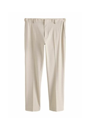 Beige gerade geschnittene Stoffhose mit Gürtelschlaufen, Seitentaschen und verdecktem Reißverschluss sowie Knopfverschluss vorne.