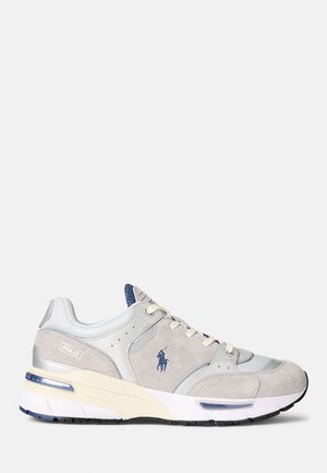 Gray and white Polo Ralph Lauren sneaker with suede and mesh details, cream laces, blue logo, and cushioned sole with blue accents.