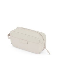 Beige kosmetikväska med rektangulär form, slät yta, dragkedjestängning och ett sidohandtag för enkel bärbarhet. Har subtil märkning.