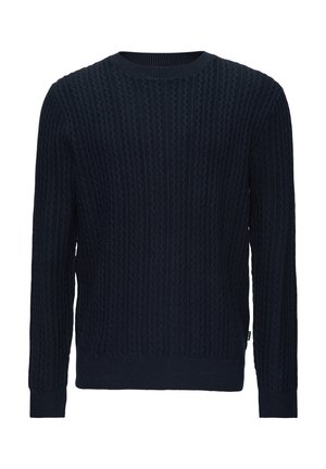 Navy blue knit sweater with textured ribbed pattern, crew neckline, and long sleeves. Features a fitted hem and cuffs.
