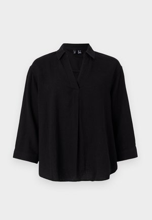 Black linen blouse with a collared neckline, ¾ sleeves, and a front pleat detailing. Soft texture and relaxed fit.