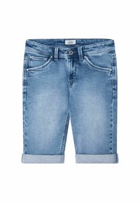 Pantalones cortos de denim azul claro con diseño de cinco bolsillos, dobladillos enrollados y cierre de botón. La tela presenta una textura suave y desgastada.